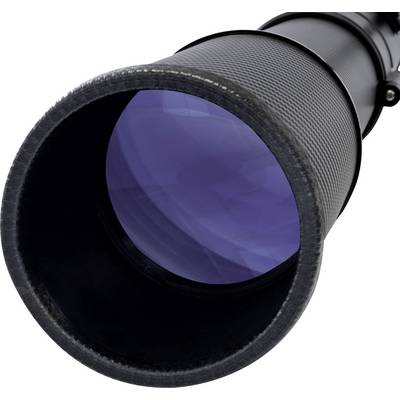 Un téléobjectif avec un objectif teinté en bleu montre un gros plan de son avant.