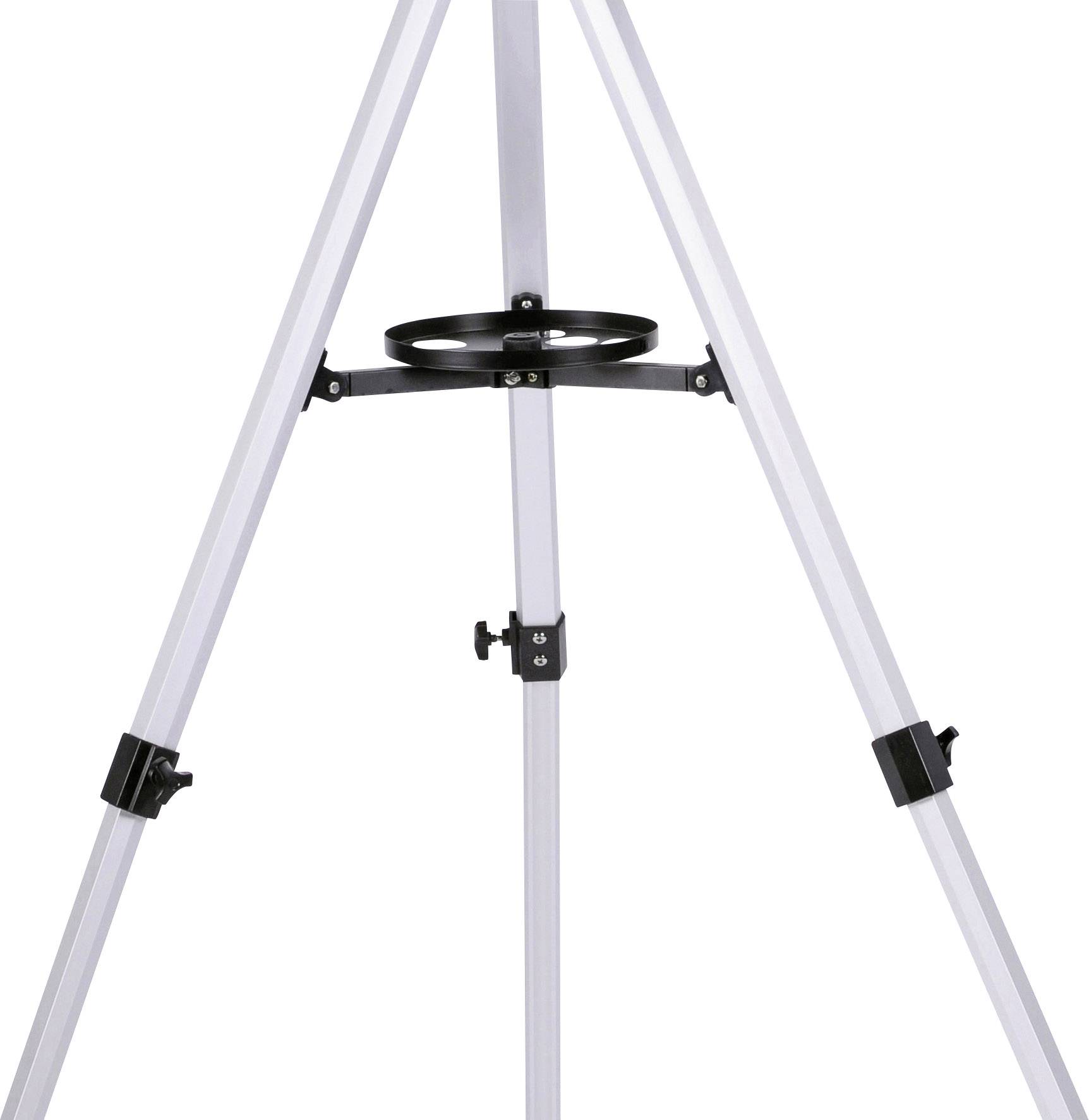 Un trépied blanc avec trois pieds, un support circulaire noir au centre, une hauteur réglable et une construction stable.