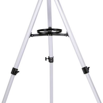 Un trépied blanc avec trois pieds, un support circulaire noir au centre, une hauteur réglable et une construction stable.