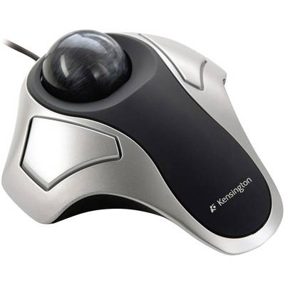 Trackball argenté de Kensington, design ergonomique, grosse boule noire au centre.
