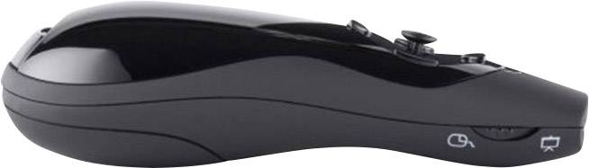 Télécommande noire au design ergonomique avec des touches situées sur la partie supérieure, adaptée aux présentations ou au contrôle multimédia.