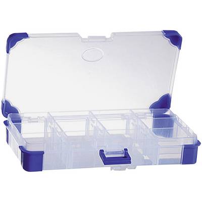 Une boîte de rangement en plastique transparent avec un bord bleu, ouverte, révèle plusieurs compartiments pour organiser de petits objets.
