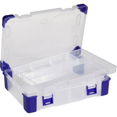 Boîte de rangement en plastique ouverte, bleue et transparente, avec plusieurs compartiments pour organiser les petits objets.