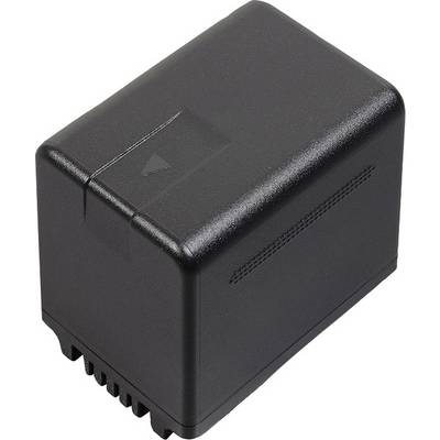 Une batterie noire rectangulaire pour caméra ou caméscope, avec une flèche sur le dessus indiquant le sens de chargement ou d'insertion.