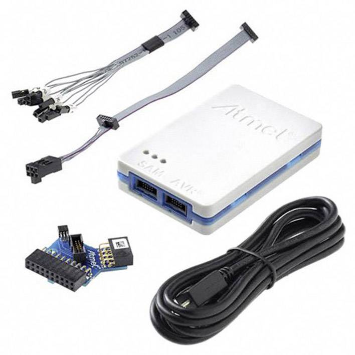 Kit électronique comprenant un dispositif de programmation de microcontrôleur blanc, des câbles avec fiches et un câble micro-USB.