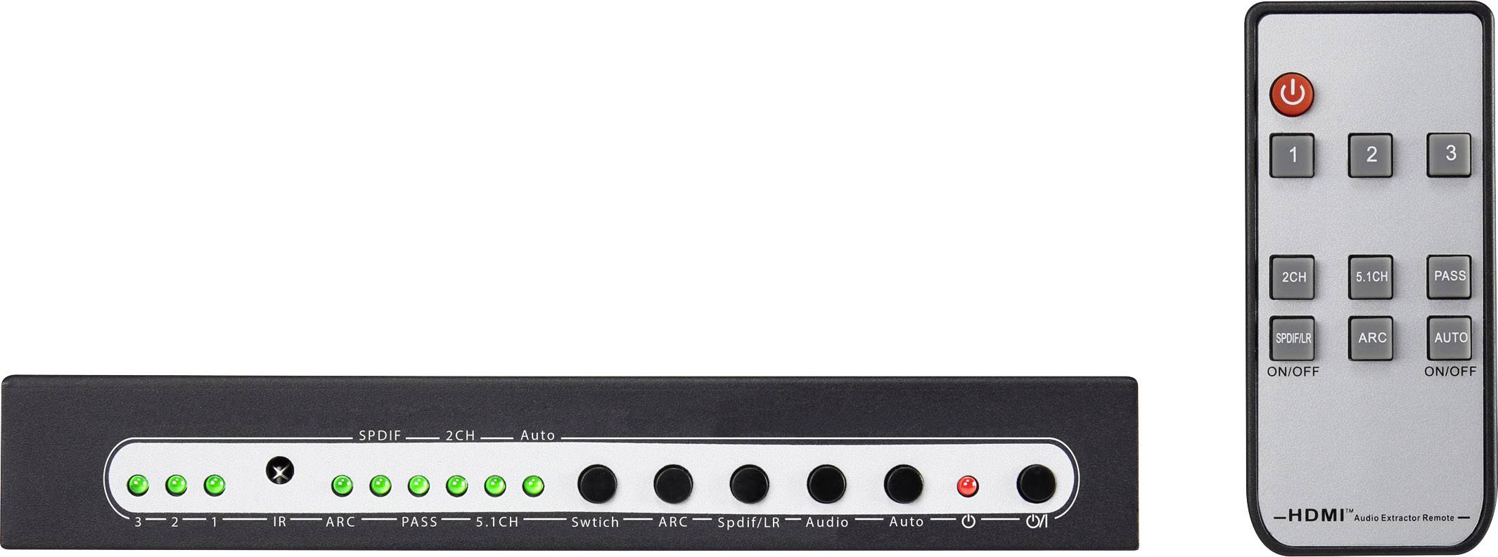 Commutateur HDMI avec boutons pour différentes entrées et télécommande dotée de touches numériques et d'un interrupteur marche/arrêt.