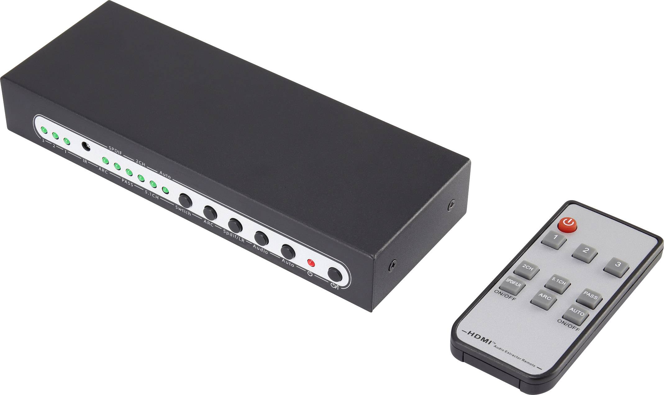Un commutateur HDMI multiports, accompagné d'une télécommande avec des touches de sélection d'entrée et d'alimentation.
