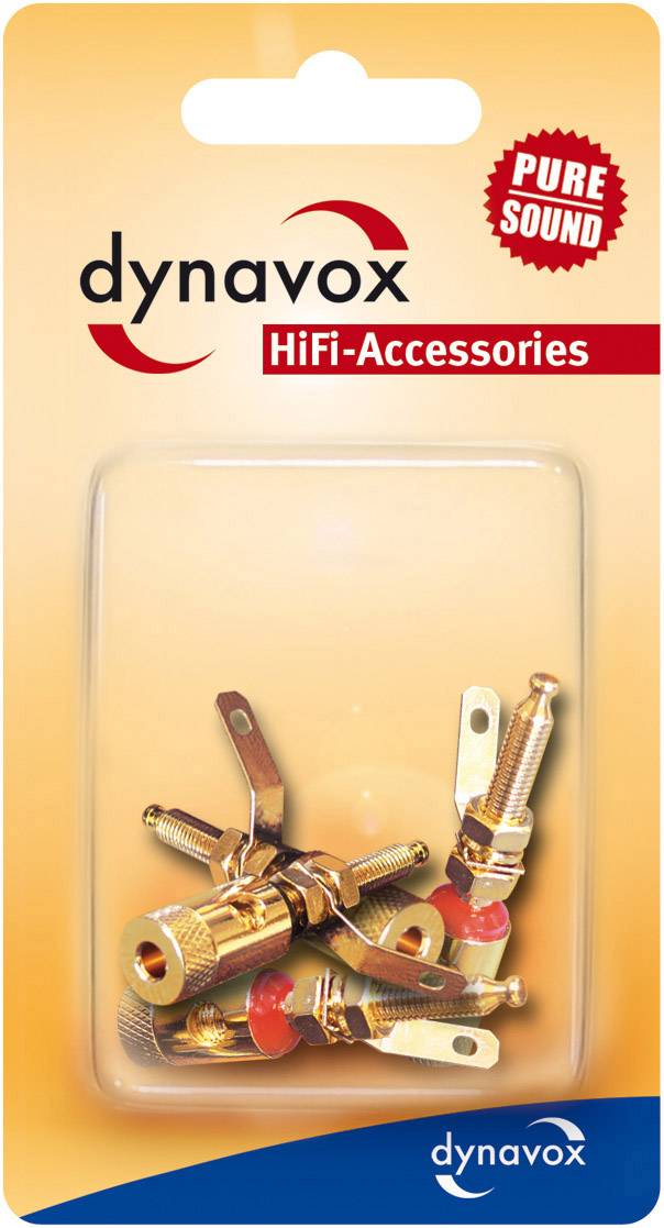 Emballage d'accessoires HiFi de Dynavox, comprenant des connexions dorées. Étiquette : Pure Sound. Convient pour les chaînes hi-fi.