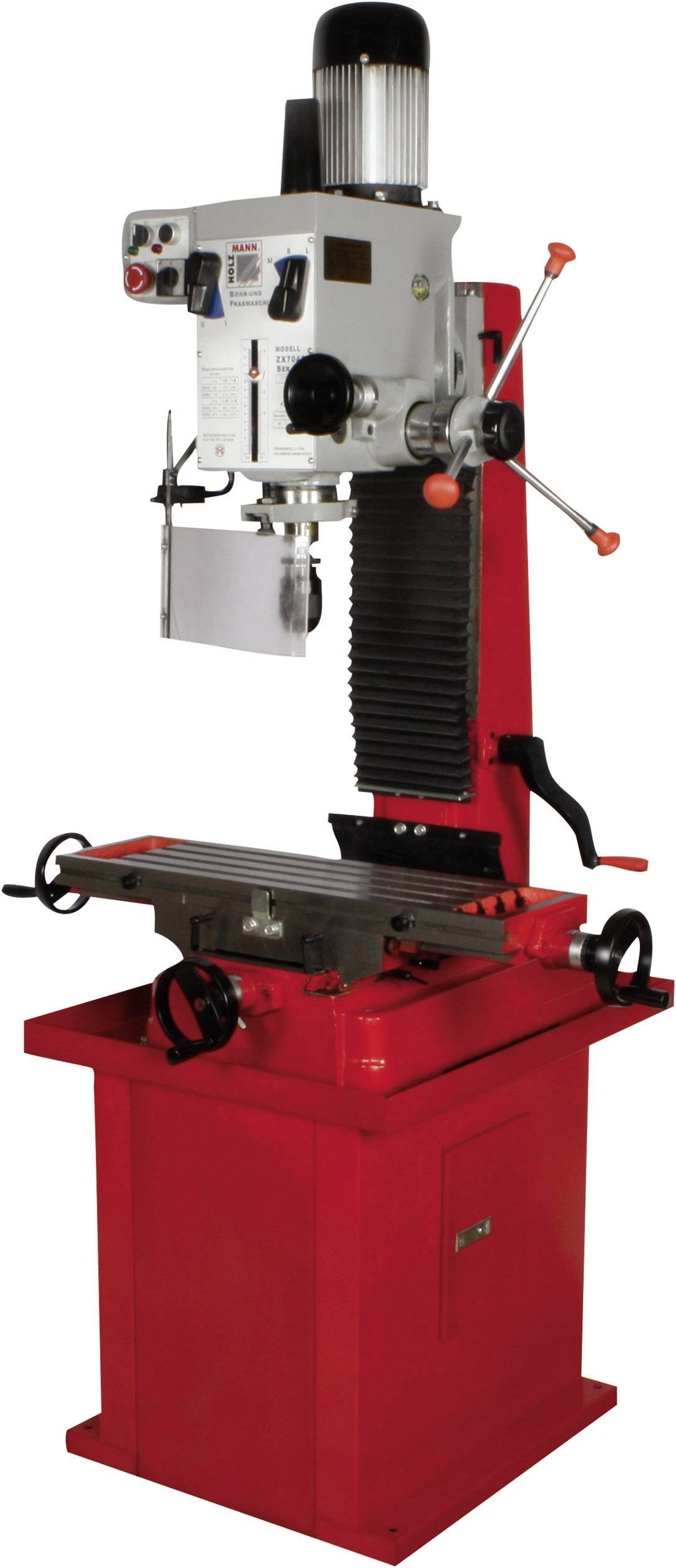 Une fraiseuse rouge à commande manuelle et tête motorisée, utilisée pour l'usinage des métaux dans les ateliers.