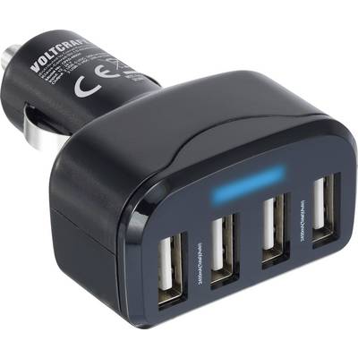 Adaptateur USB multiport avec quatre ports, adapté pour charger plusieurs appareils simultanément. Design noir et compact.