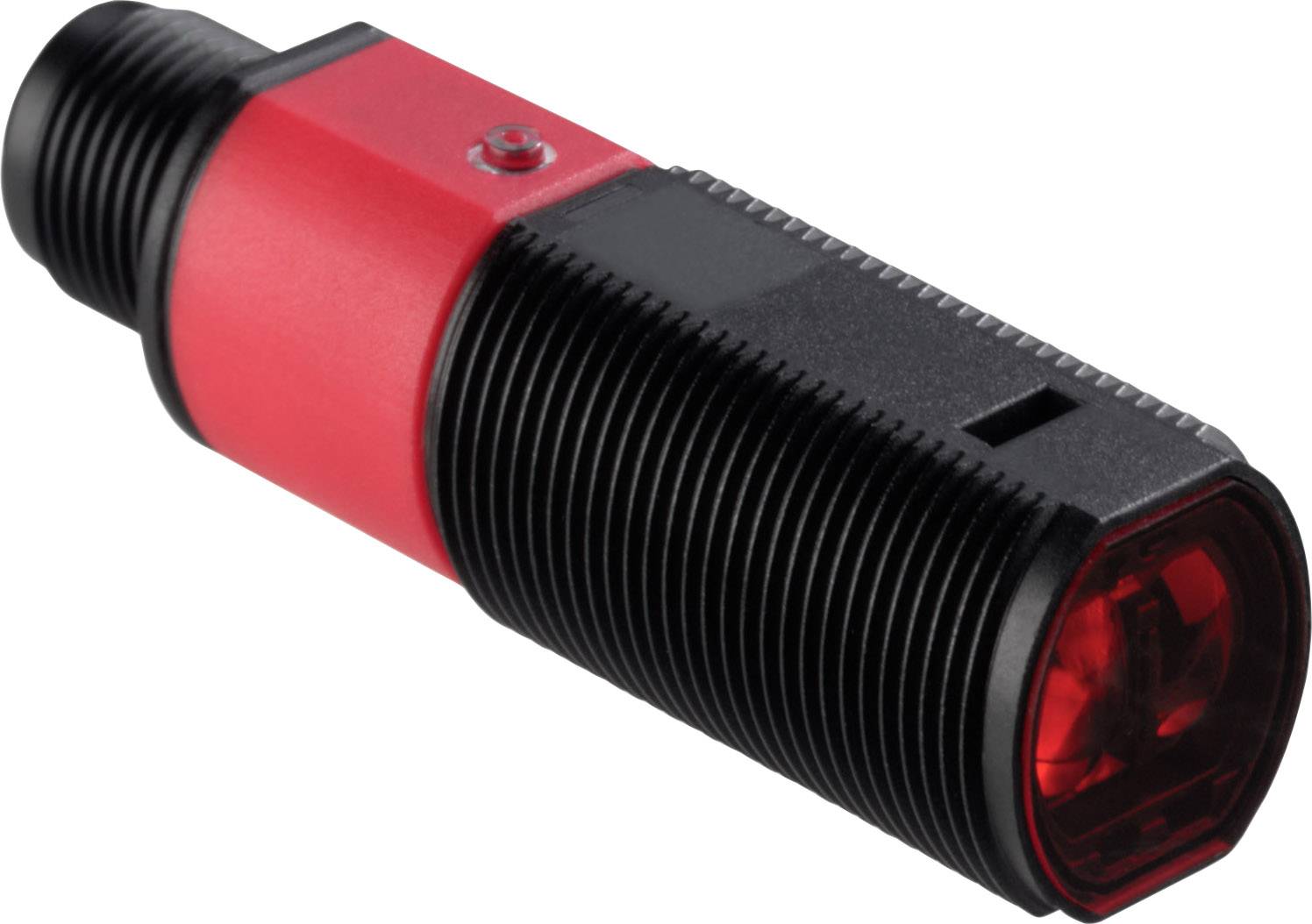 Un capteur cylindrique rouge et noir avec une fiche de connexion et une sortie lumineuse rouge.