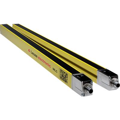 Deux barrières immatérielles de sécurité jaunes de 'Leuze electronic MLC', montrant des connexions et un code QR, utilisées pour la protection dans les installations industrielles.
