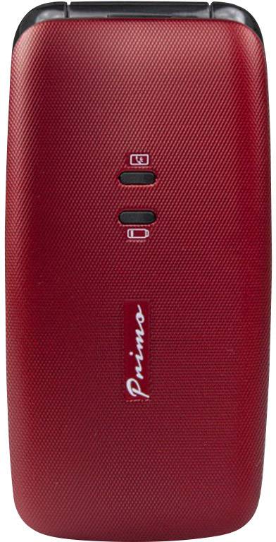 Téléphone portable à clapet rouge avec deux voyants LED et l'inscription 'Primo' sur la face avant.