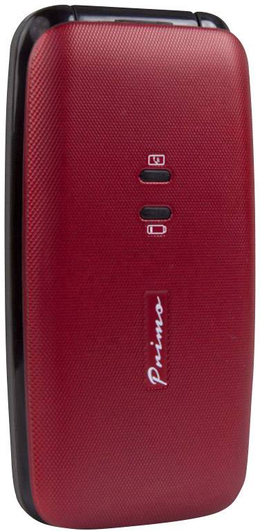 Téléphone portable à rabat rouge portant l'inscription 'Primo'. Deux symboles sur la face avant indiquent le niveau de batterie et l'état du signal.