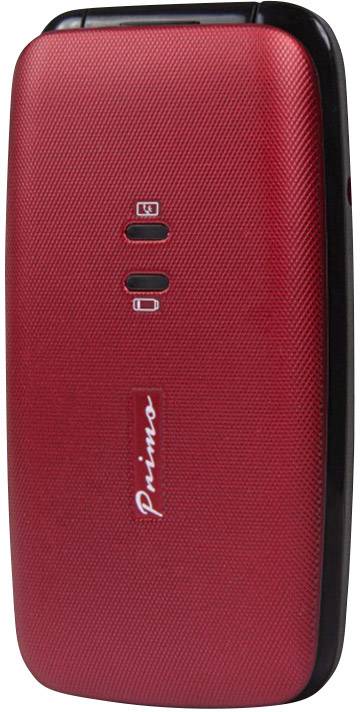 Téléphone portable à clapet rouge avec écran, caméra et voyants LED à l'arrière, adapté aux appels téléphoniques simples et à l'envoi de SMS.