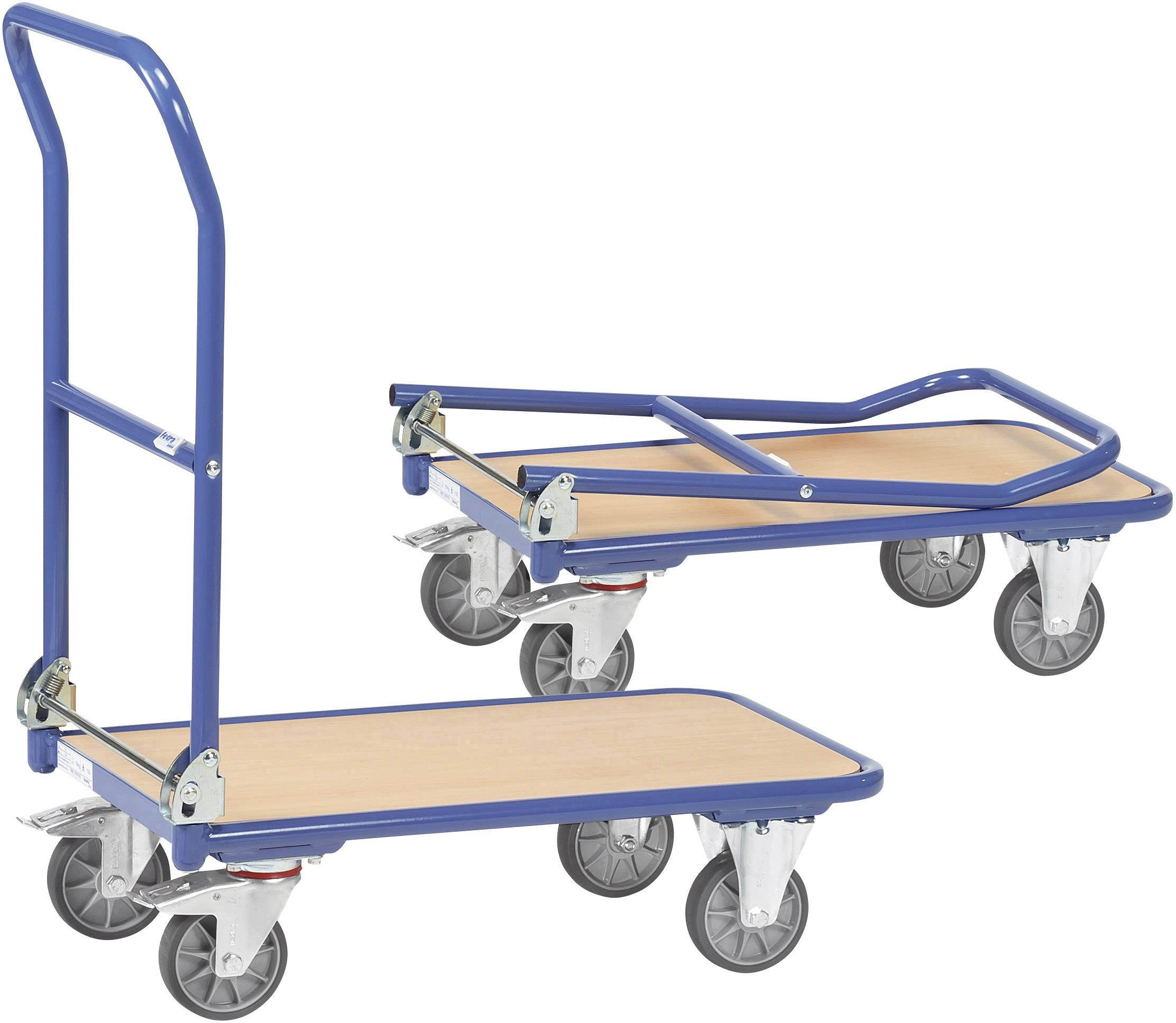 Deux chariots de plateforme bleus en métal avec une surface en bois marron et quatre roues, l'un avec une poignée relevée, l'autre à plat.