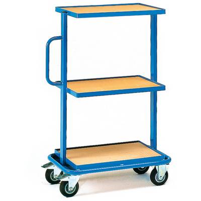Un chariot bleu avec trois étagères en bois et une poignée sur le côté.