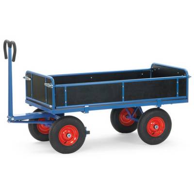 Une charrette bleue avec des roues rouges et une poignée ergonomique, adaptée au transport d'objets.