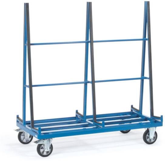 Un chariot de transport bleu à quatre roues, conçu pour le transport en toute sécurité d'objets larges et plats comme des plaques de verre.