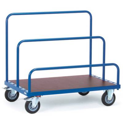 Chariot de transport à structure métallique bleue, plateforme en bois plate et quatre roues pivotantes. Idéal pour le déplacement de charges.