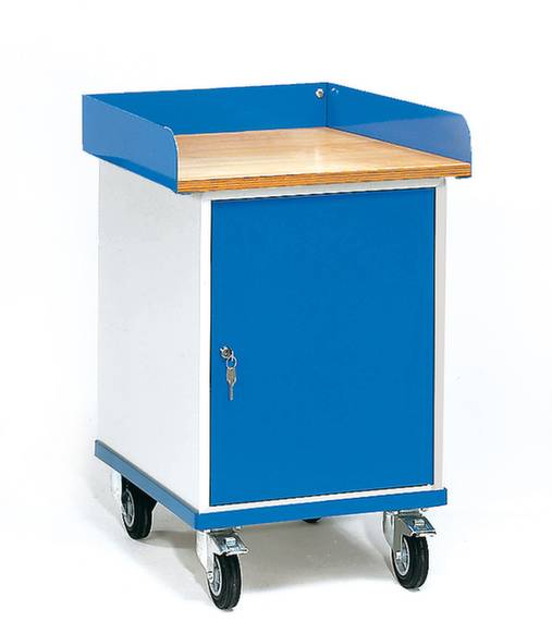 Chariot bleu avec un compartiment de rangement verrouillable et quatre roues, adapté au transport de matériel ou d'outils.