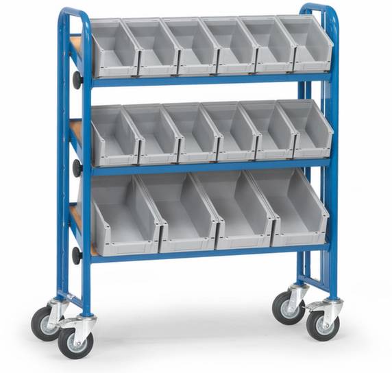 Un chariot bleu à trois étagères avec douze casiers gris, conçu pour le stockage ou l'organisation d'objets dans un bureau ou un entrepôt.