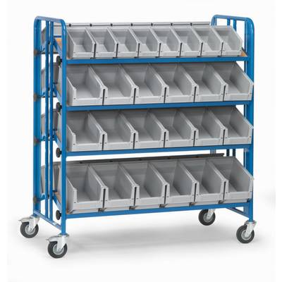 Chariot à quatre étagères, équipé de bacs trapézoïdaux gris pour le stockage et l'organisation de petites pièces.
