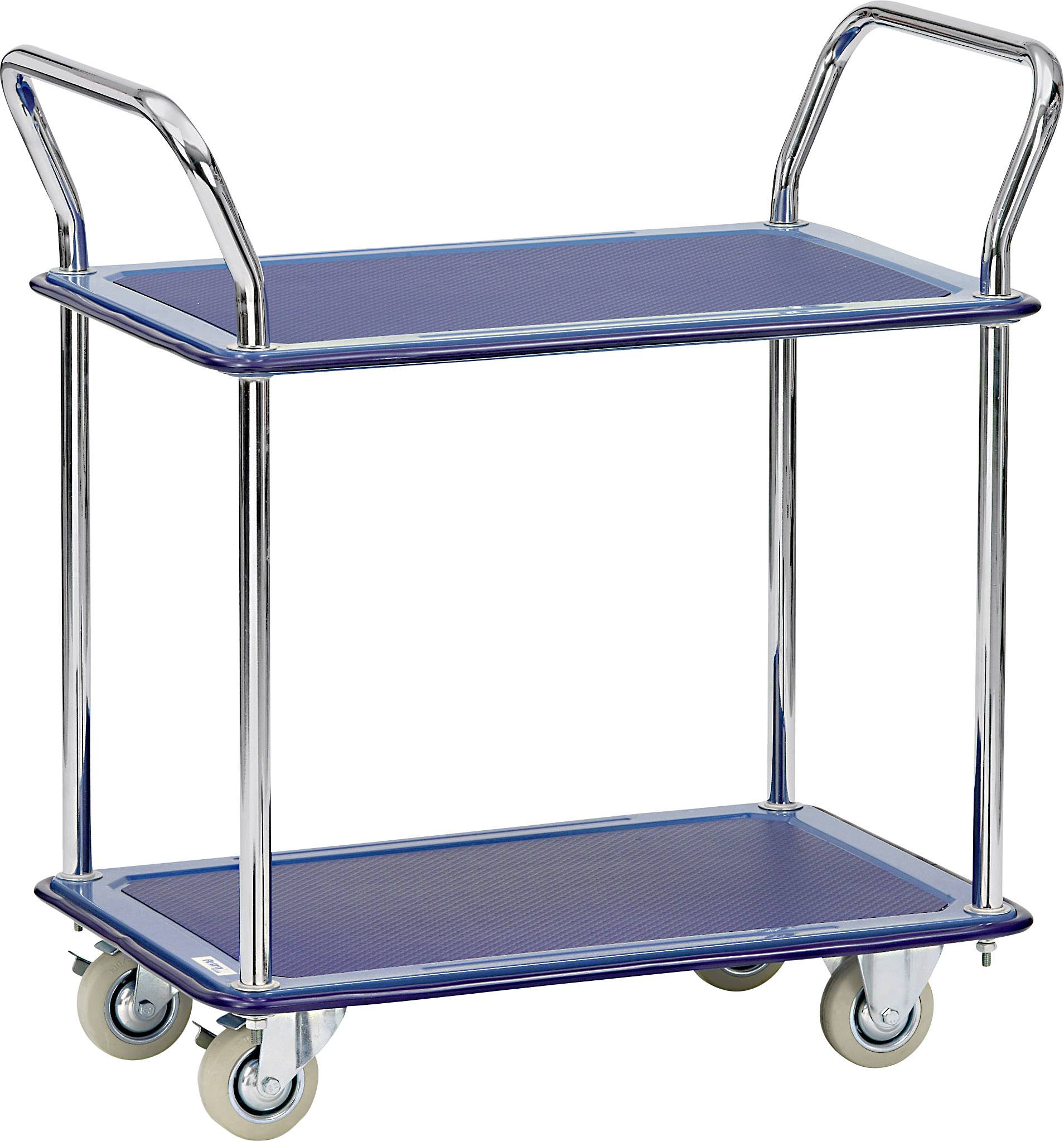 Un chariot de transport à deux niveaux en métal, équipé de quatre roulettes à rotation aisée et doté d'étagères bleues. Idéal pour le transport d'objets.