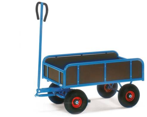 Une charrette bleue avec des roues rouges et une poignée noire, adaptée pour transporter des objets.