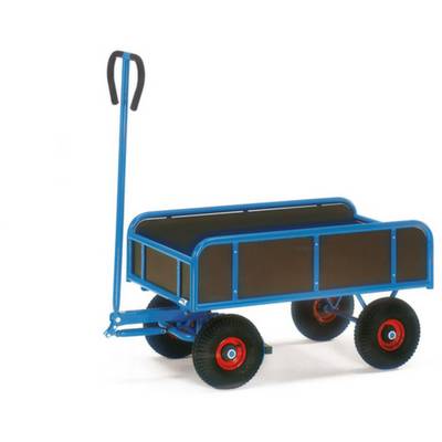 Un chariot bleu avec des roues rouges et une longue poignée, adapté pour le transport d'objets sur des surfaces lisses.