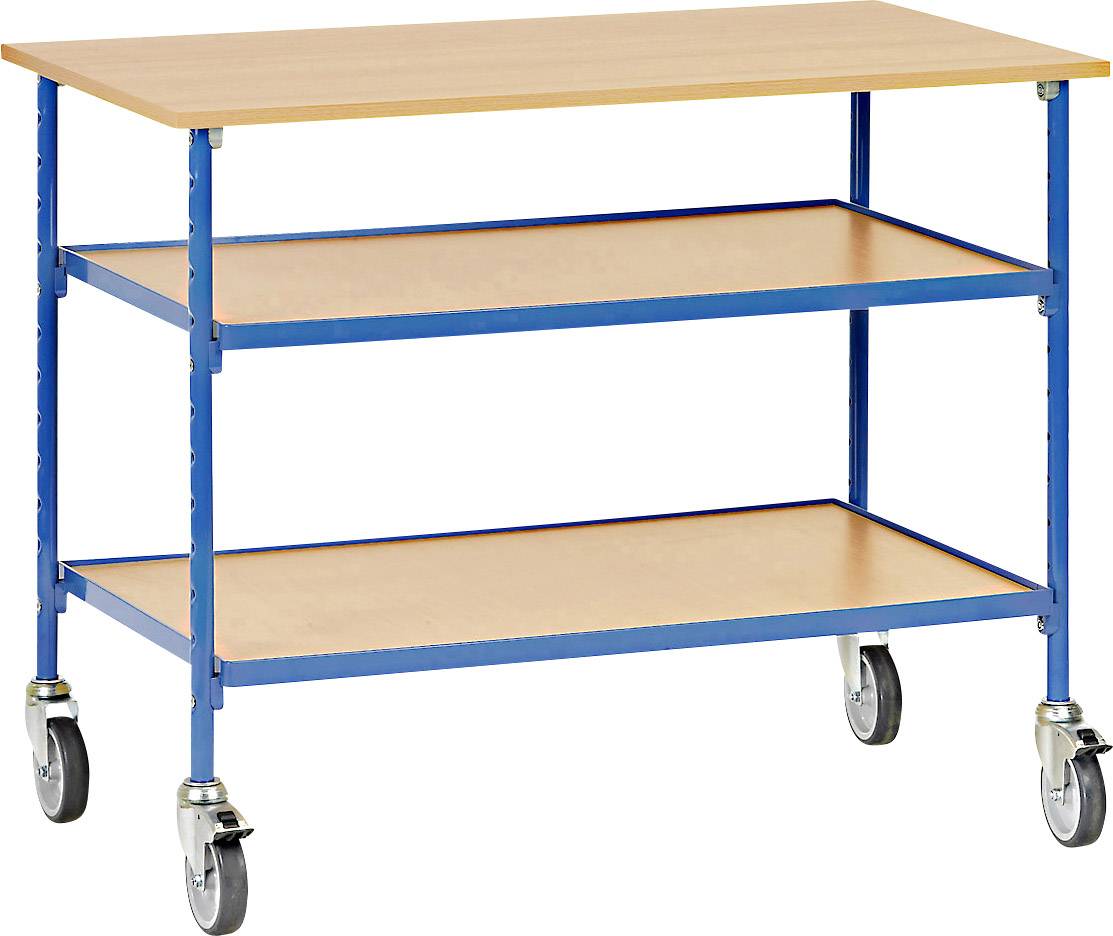 Un chariot de service bleu avec trois plateaux brun clair et quatre roulettes, adapté pour le transport d'objets.