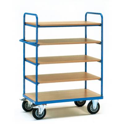 Un chariot de transport bleu avec cinq étagères en bois et quatre grandes roues, adapté pour le déplacement d'objets lourds.