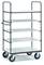 Un chariot de rangement en métal à cinq niveaux et quatre roulettes, adapté au stockage ou au transport dans des environnements industriels ou commerciaux.