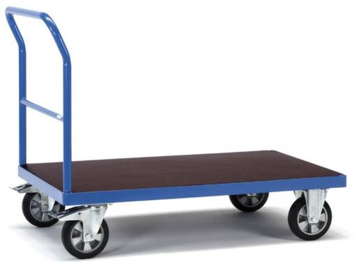 Un chariot de plateforme bleu à quatre roues et poignée, idéal pour le transport d'objets lourds dans les entrepôts ou les ateliers.