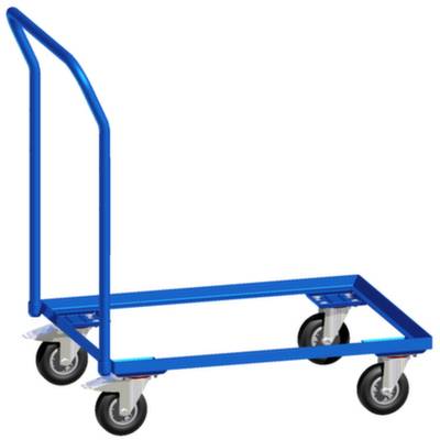 Un chariot de transport bleu à quatre roues et une poignée, adapté pour le transport de charges dans les entrepôts ou les magasins.