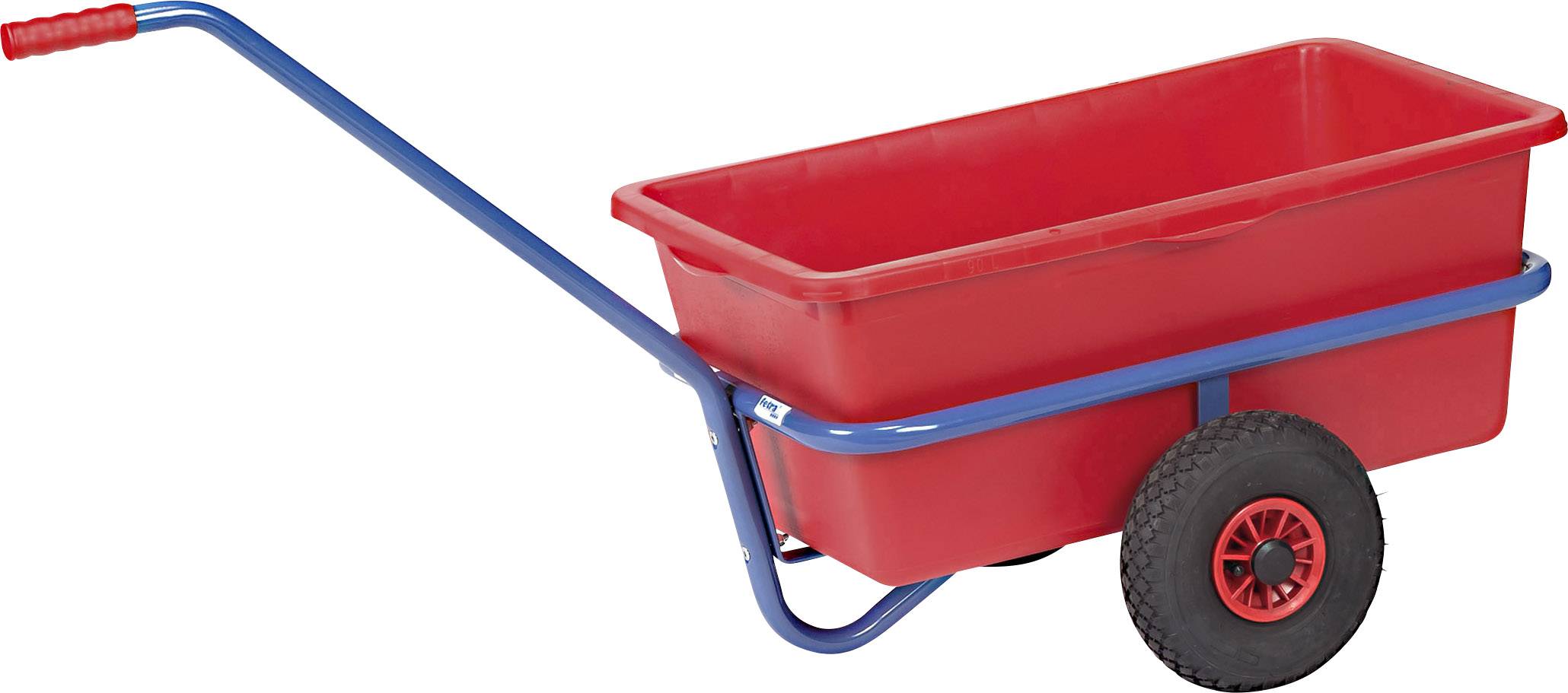 Chariot en plastique rouge avec un châssis métallique bleu et des roues noires, adapté pour le transport d'objets en extérieur.