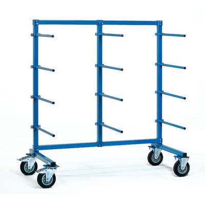 Une charette bleue en métal avec plusieurs barres horizontales et quatre roues, utilisée pour le transport ou le stockage de matériaux.