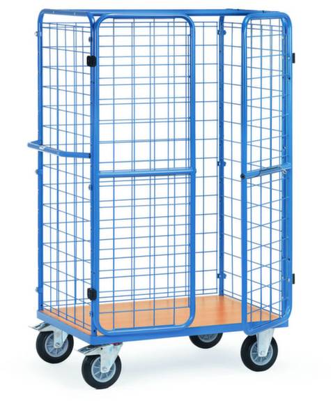 Un chariot grillagé bleu à quatre roues et avec un plancher en bois, adapté pour le transport de marchandises ou le stockage.