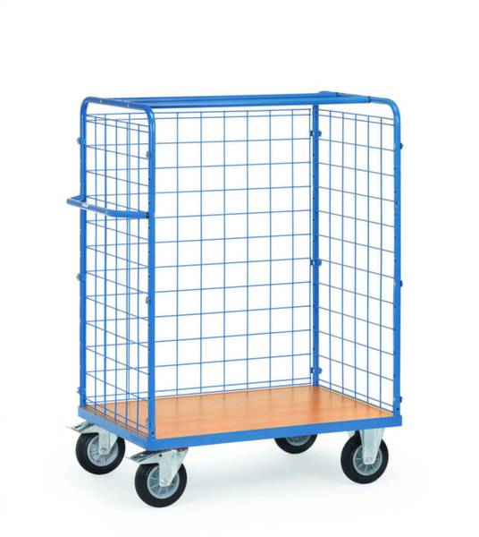 Un chariot bleu en métal avec des côtés grillagés et quatre roues, adapté au transport d'objets dans des environnements d'entrepôt ou industriels.