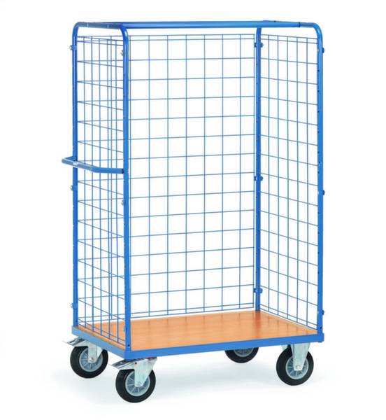 Chariot grillagé mobile bleu avec châssis métallique et plancher en bois, reposant sur quatre roues. Adapté pour le transport de marchandises ou de matériaux.