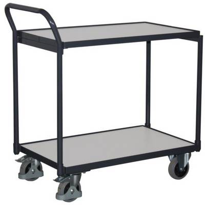 Chariot de service métallique à deux étagères et quatre roulettes, adapté aux besoins de transport ou de rangement dans un foyer ou un bureau.