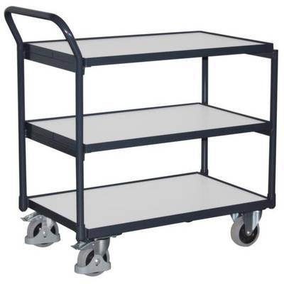 Chariot mobile à trois niveaux avec châssis en acier et étagères plates blanches, adapté pour le transport d'objets.