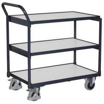 Chariot roulant en métal noir à trois étages, équipé d'une poignée et de roues, idéal pour le transport d'objets légers.