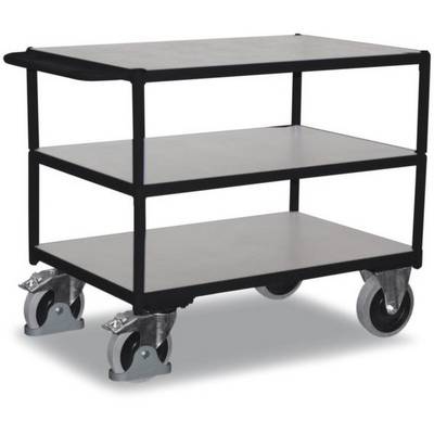 Un chariot à trois niveaux avec des roues pour le transport ou le stockage d'objets. Il dispose d'un châssis métallique robuste.