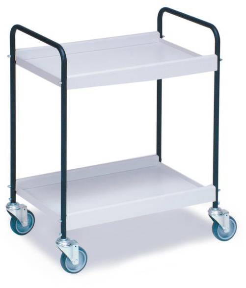 Chariot de service à deux étages avec poignées et roulettes noirs.