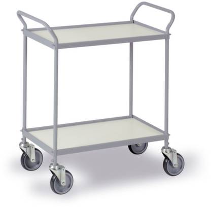 Un chariot de service simple en métal avec deux plateaux et quatre roulettes, adapté au transport d'articles.