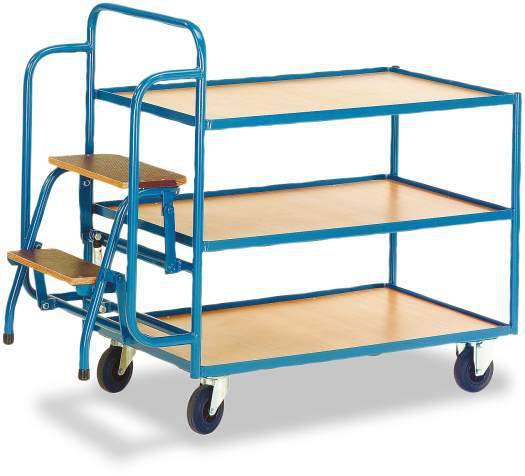 Chariot de transport bleu à trois étages avec échelle pliable intégrée, monté sur roulettes pour un déplacement facile des objets.