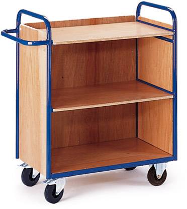 Chariot de transport en bois à deux niveaux d'étagères, avec un châssis métallique bleu et quatre roues, dont deux pivotantes. Idéal pour le transport d'objets.