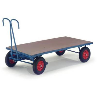 Un chariot de plateforme bleu avec des roues rouges et une poignée métallique, adapté au transport de charges dans les entrepôts ou les usines.