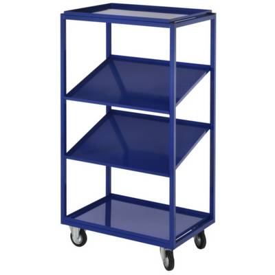 Un chariot roulant bleu métallique à trois niveaux. Chaque niveau possède une surface inclinée pour maintenir les objets. Le chariot est équipé de quatre roues.